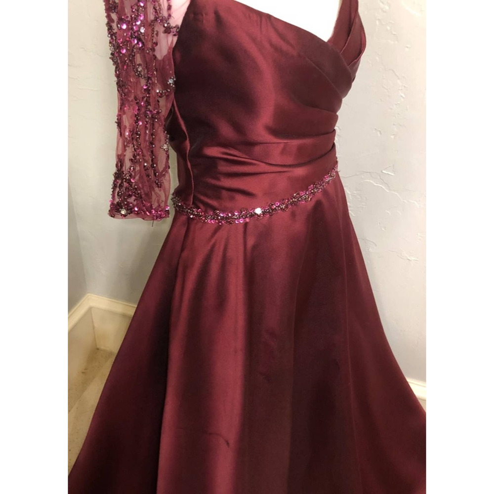 Mori Lee Satin Burgundy Beaded Mother of the Bride Dress